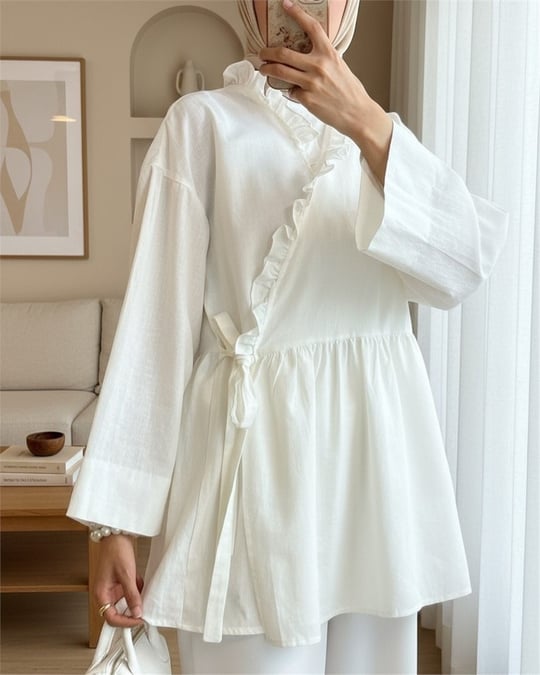 Yakası Fırfırlı Yandan Bağlamalı Keten Kimono -Ekru
