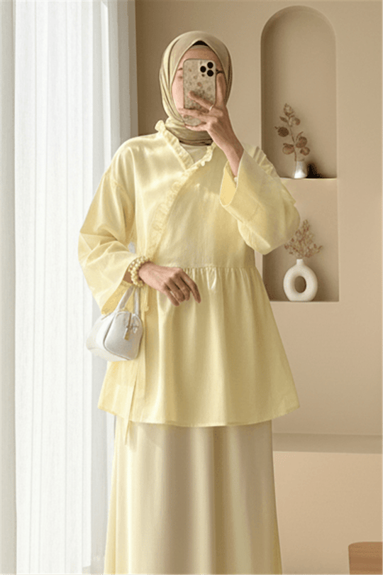 Yakası Fırfırlı Yandan Bağlamalı Keten Kimono   -Açık Sarı