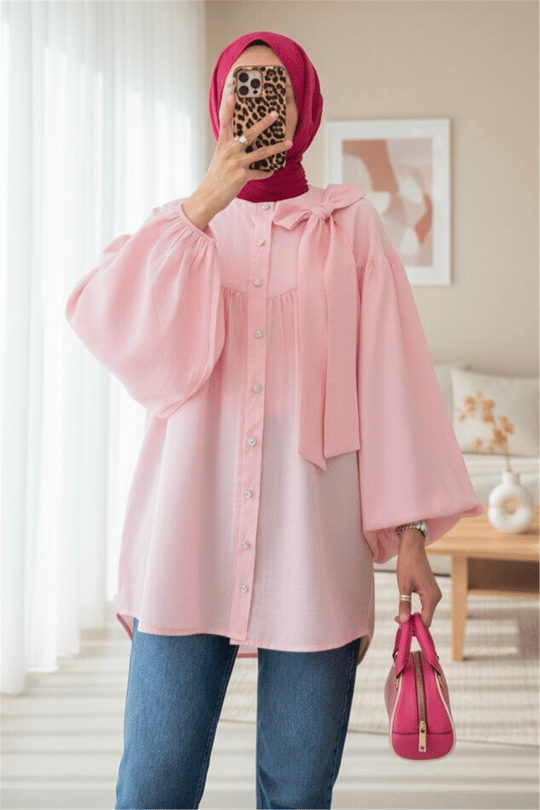 Yakası Fiyonk Detaylı Kolu Lastikli Düğmeli Keten Tunik -Pembe