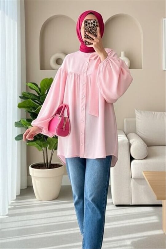Yakası Fiyonk Detaylı Kolu Lastikli Düğmeli Keten Tunik -Pembe