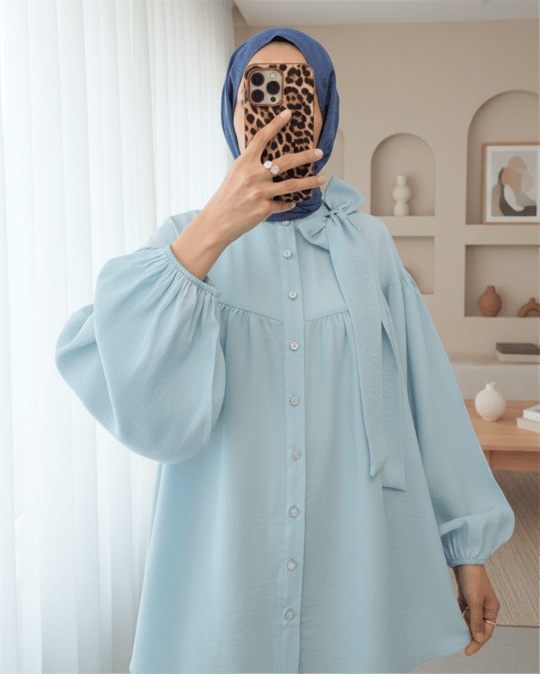 Yakası Fiyonk Detaylı Kolu Lastikli Düğmeli Keten Tunik -Bebe Mavi
