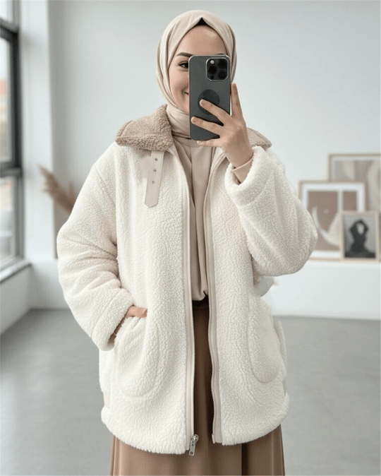 Yakası Garni Detaylı İçi Astarlı Cep Detaylı  Peluş Mont  -Bej