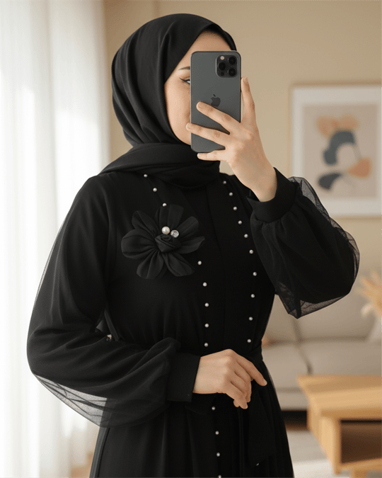 Yakası Gül Detaylı İncili Eteği Şeritli  İkili Abaya  Takım  -Siyah
