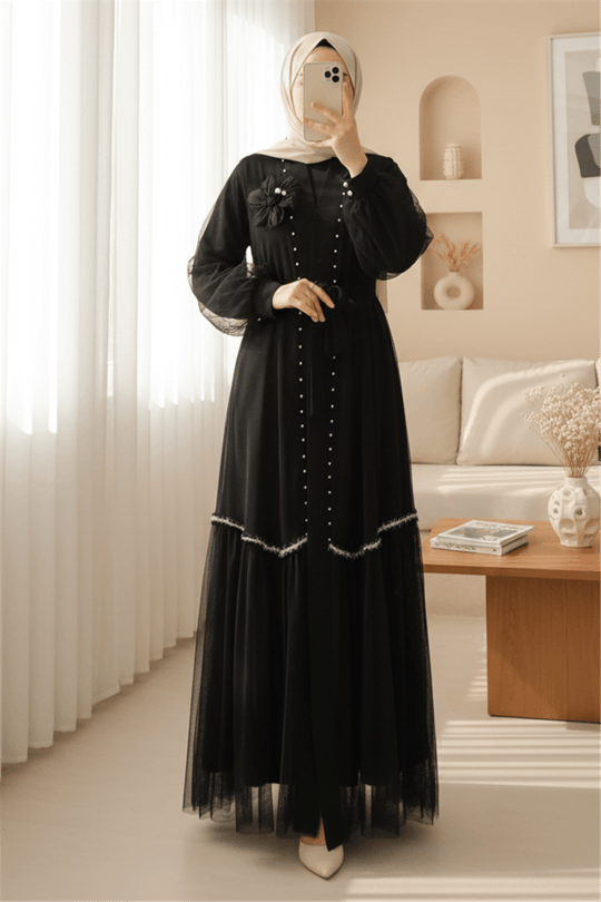 Yakası Gül Detaylı İncili Eteği Şeritli  İkili Abaya  Takım  -Siyah
