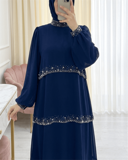 Yakası Kolu Ve Katları Taş Detaylı Katlı Şifon Elbise -Laci