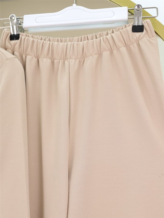 Yakası Metal Püsküllü Kemerli Ceket Pantolon Takım -Bej