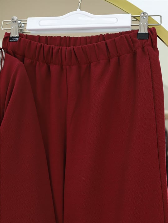 Yakası Metal Püsküllü Kemerli Ceket Pantolon Takım -Bordo