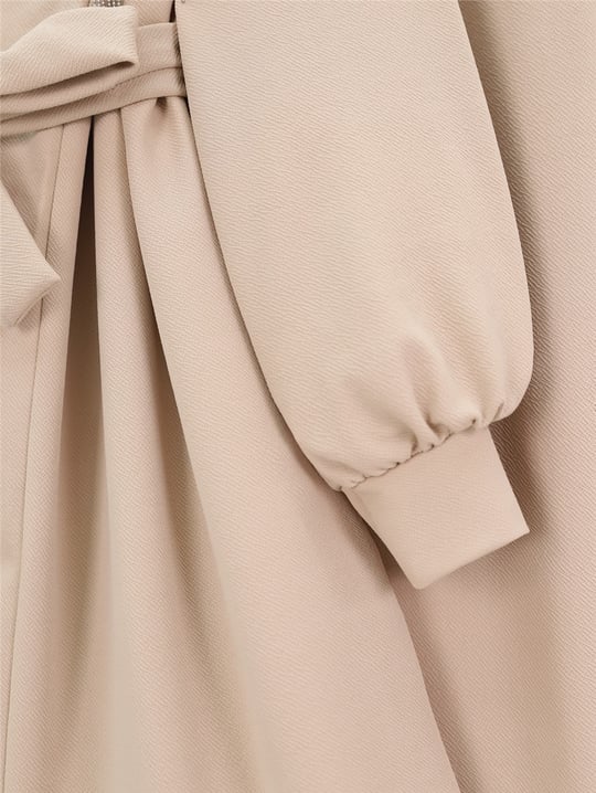 Yakası Metal Püsküllü Kemerli Ceket Pantolon Takım -Bej