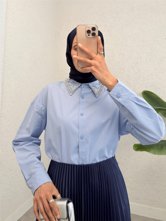 Yakası Taş Detaylı Düğmeli Salaş Gömlek -Bebe Mavi
