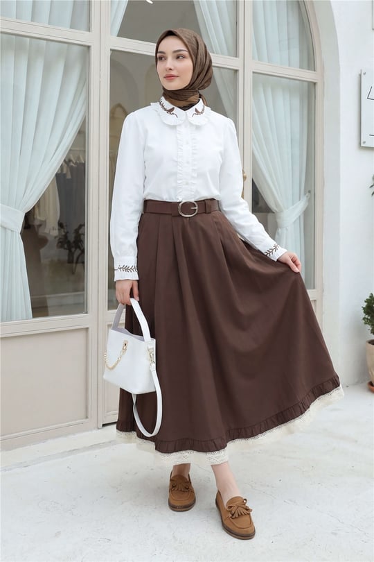 Yakası Ve Kolu Kuş Nakışlı Önü Fırfırlı Poplin Gömlek -Beyaz