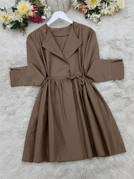 Yan Bağcıklı Kol Manşeti Yırtmaçlı Kimono  -Kahve-Kimono&Kaftan-307-2156-R15