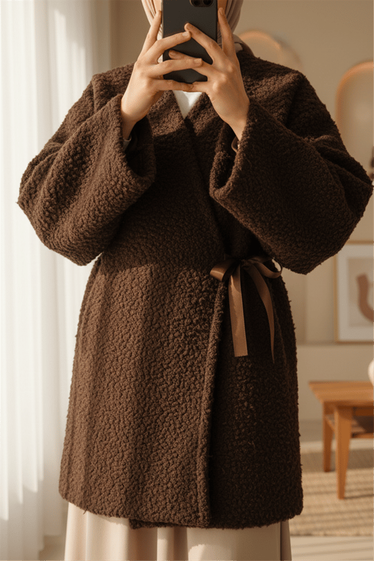 Yandan Bağlamalı Buklet Kimono   -K. Kahve