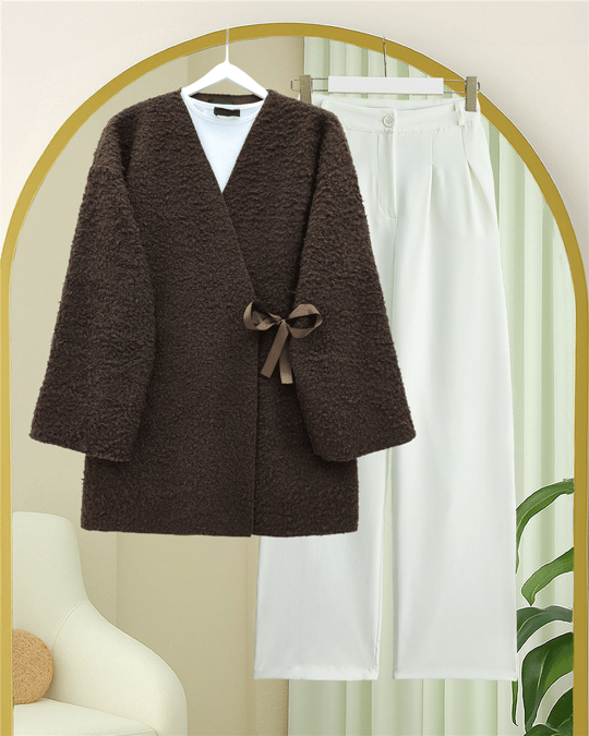 Yandan Bağlamalı Buklet Kimono   -K. Kahve