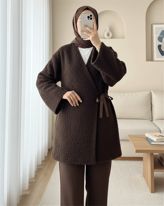 Yandan Bağlamalı Buklet Kimono   -K. Kahve