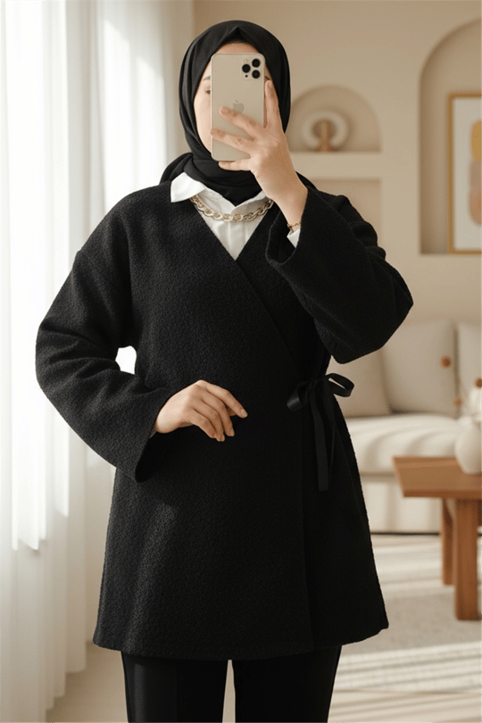 Yandan Bağlamalı Buklet Kimono -Siyah