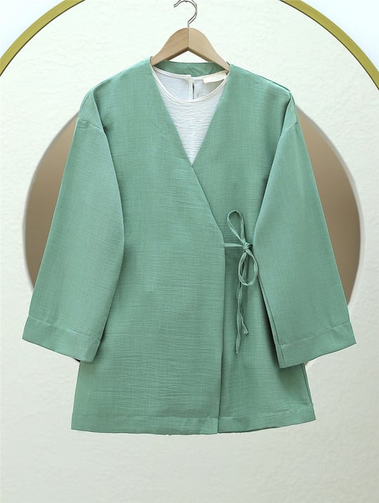 Yandan Bağlamalı Keten Kimono -Su Yeşili