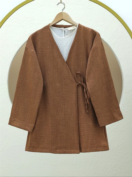 Yandan Bağlamalı Keten Kimono -Tarçın