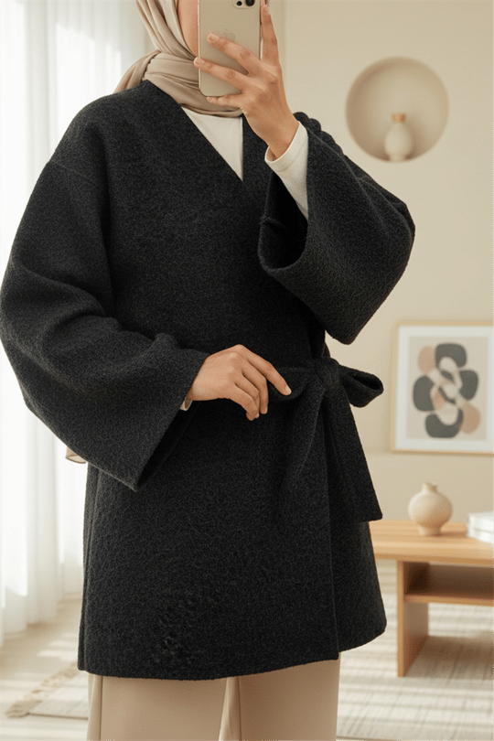 Yandan Bağlamalı Sakallı Kimono  -Siyah