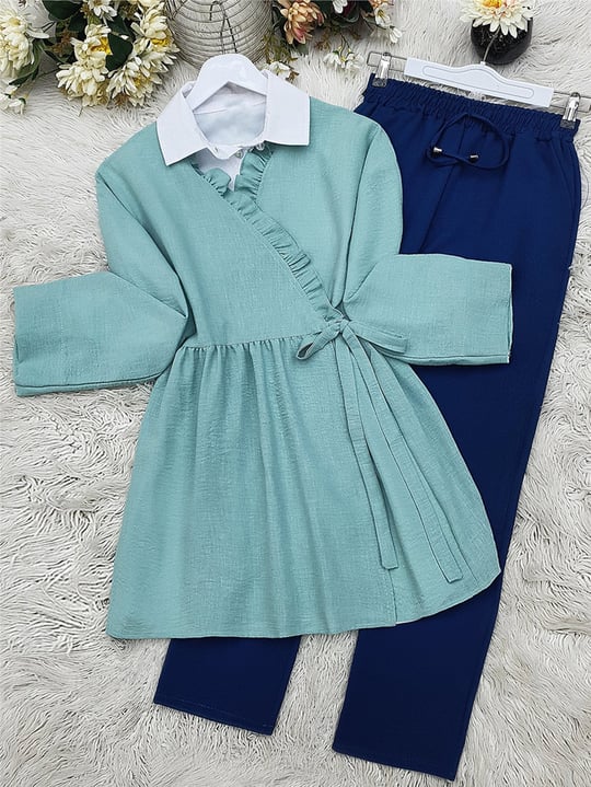 Yandan Çift Bağcıklı Yakası Fırfırlı Keten Kimono -Mint