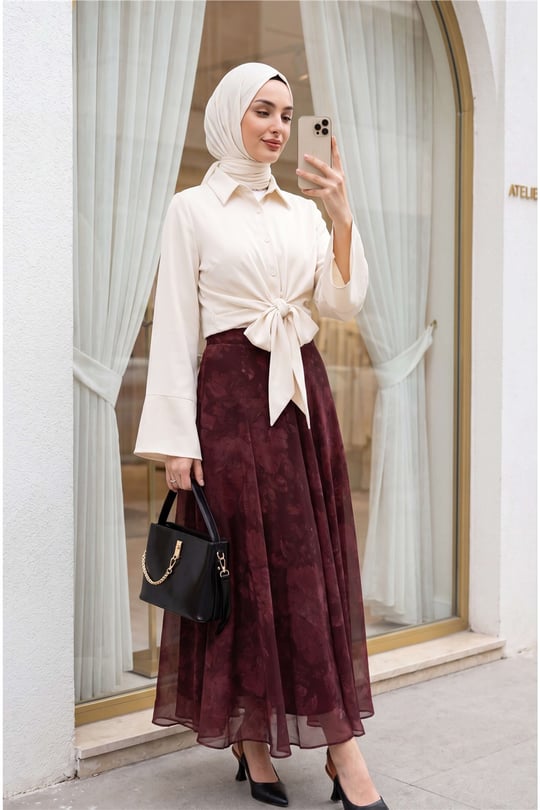 Yandan Fermuarlı Desenli Astarlı Şifon Etek -Bordo