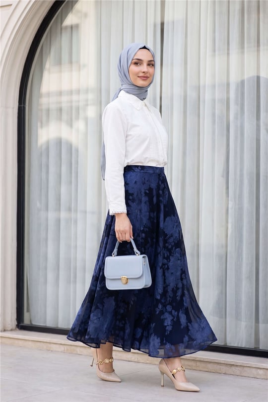 Yandan Fermuarlı Desenli Astarlı Şifon Etek -Laci
