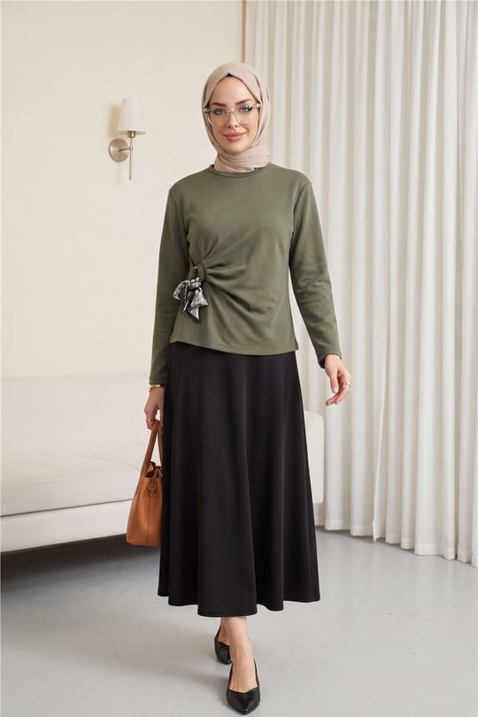 Yandan Fularlı Bağlama Detaylı Oyşo Bluz -Haki