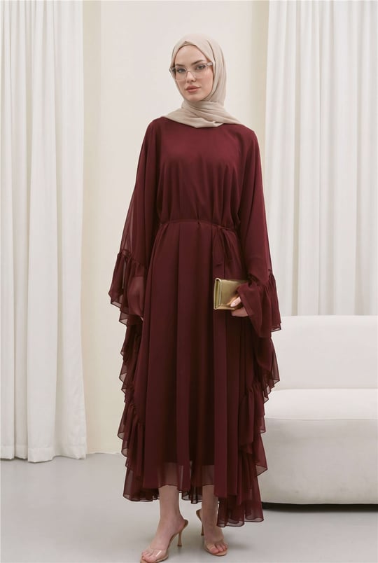 Yanı Fırfırlı Asimetrik Kesim Bağcıklı İçlikli Şifon Elbise Abaya Takım  -Bordo