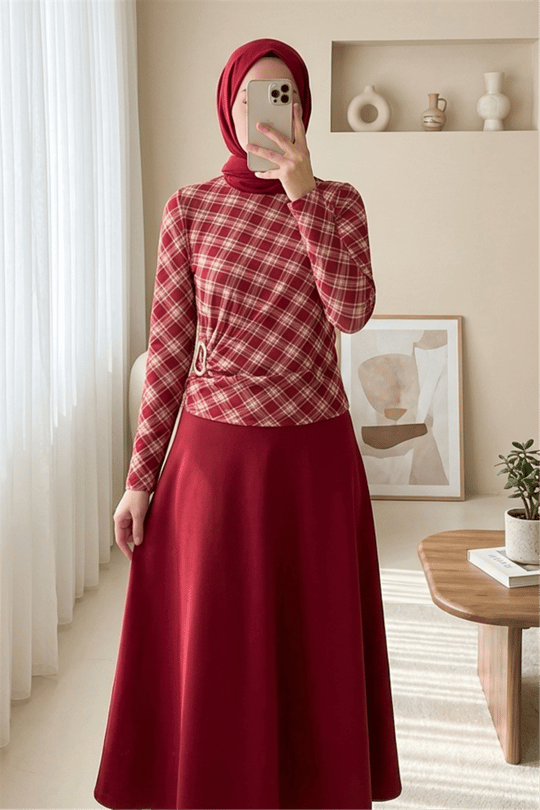 Yanı Tokalı Ekose Desenli Bluz -Bordo