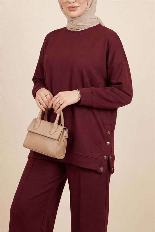 Yanları Çıtçıtlı Çimalı Pantolonlu Oyşo Takım  -Bordo
