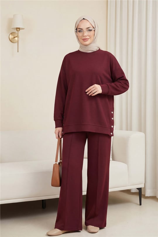 Yanları Çıtçıtlı Çimalı Pantolonlu Oyşo Takım  -Bordo