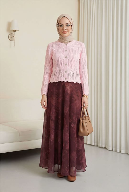 Yaprak Desenli Ajurlu Triko Hırka   -Pembe