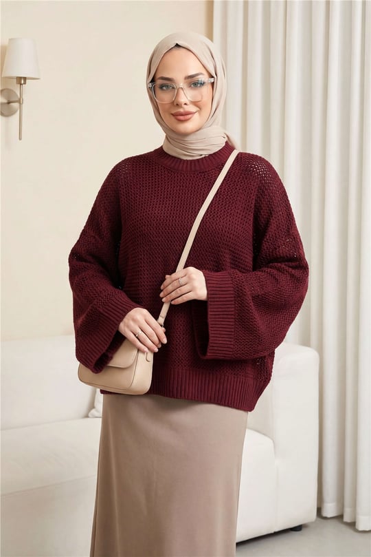 Yarasa Kol Ajurlu Triko Kazak -Bordo