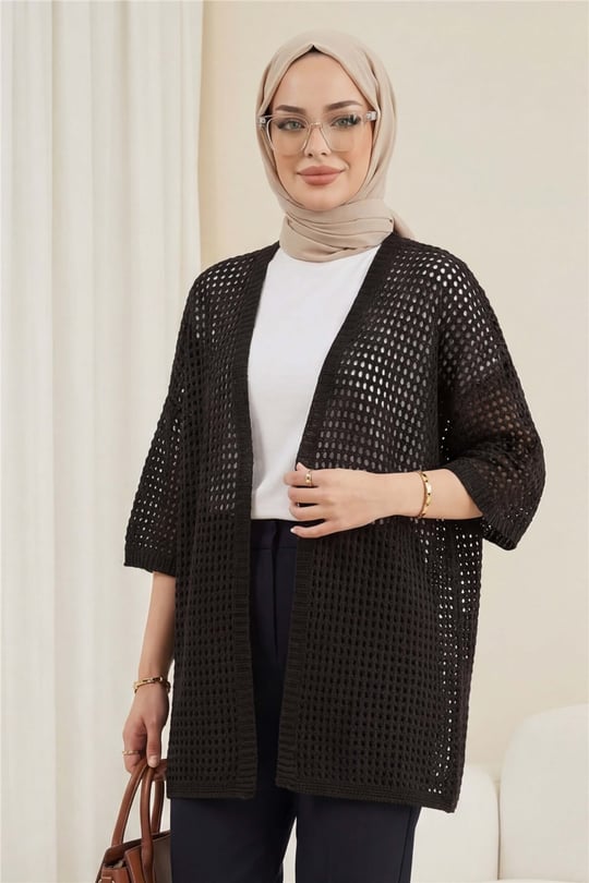 Yarasa Yarım Kol Ajurlu Triko Hırka  -Kahve