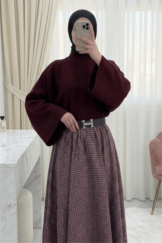 Yarım Boğaz Krop Triko Kazak -Bordo