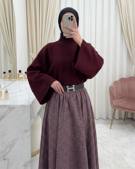 Yarım Boğaz Krop Triko Kazak -Bordo