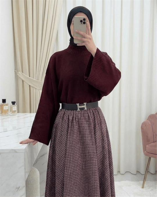 Yarım Boğaz Krop Triko Kazak -Bordo