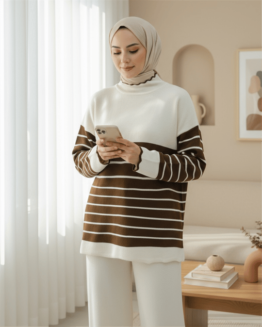 Yarım Boğazlı Çizgili Triko Takım -Kahve