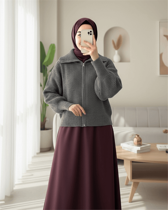 Yarım Boğazlı Fermuarlı Triko Hırka -Füme