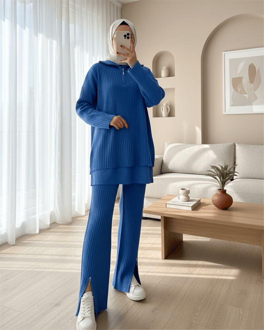 Yarım Boğazlı Fitilli Triko Takım -Mavi