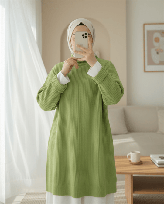 Yarım Boğazlı Yırtmaçlı Triko Tunik   -F.Yeşili