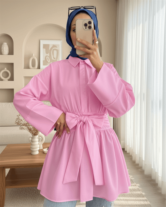 Yarım Düğmeli Beli Bağlamalı Yanı Fermuarlı Tunik  -Pembe