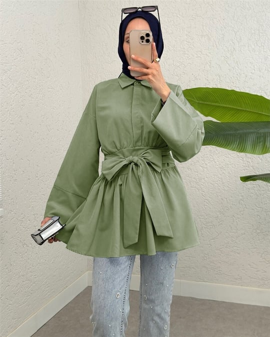 Yarım Düğmeli Beli Bağlamalı Yanı Fermuarlı Tunik   -Çağla Y.