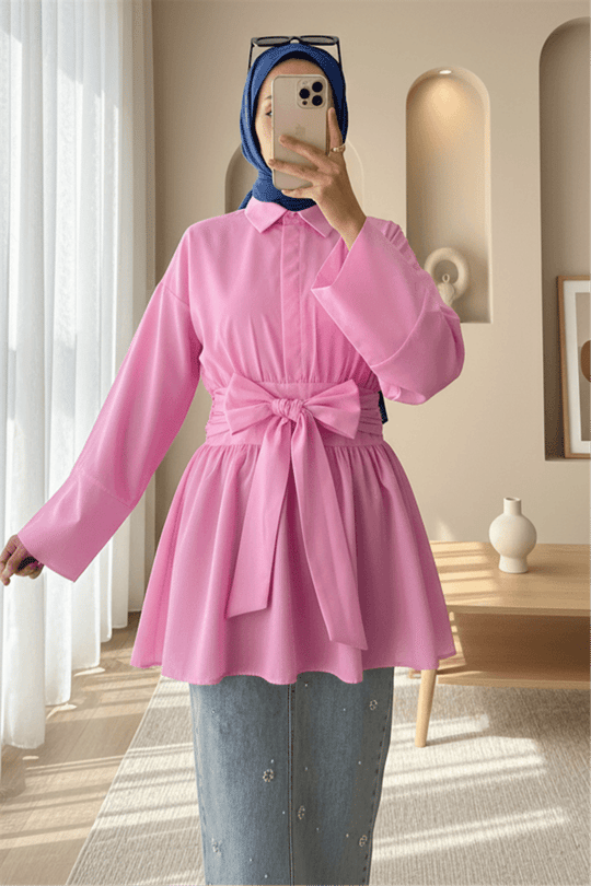 Yarım Düğmeli Beli Bağlamalı Yanı Fermuarlı Tunik  -Pembe