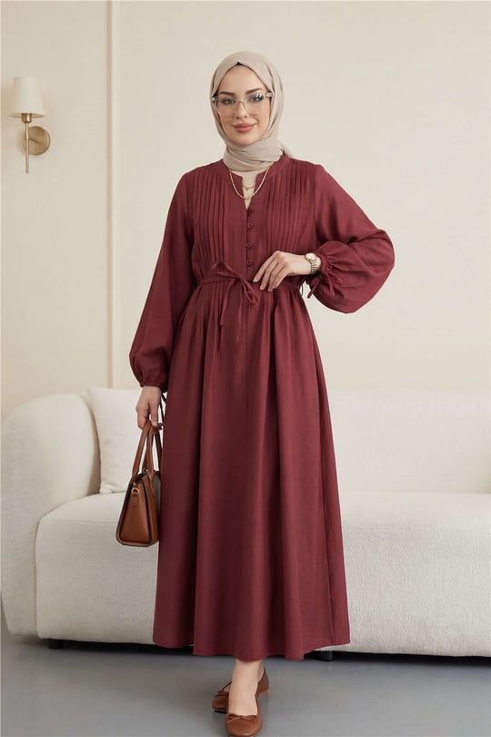 Yarım Düğmeli Nervürlü Bağcıklı Tensel Elbise -Bordo-Elbise-307-0094-R04