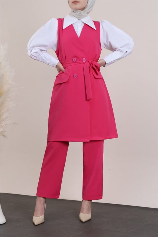 Yelekli Pantalon Takım -Pembe