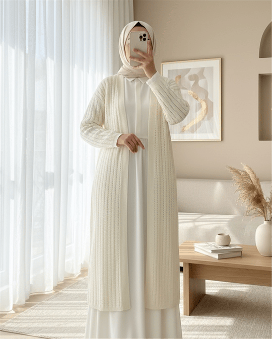 Yırtmaçlı Örgü Desen Uzun Hırka -Beyaz
