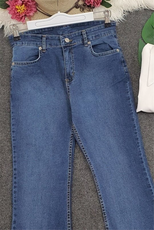 Yüksek Bel İspanyol Paça Düğmeli Kot Pantolon -K. Mavi