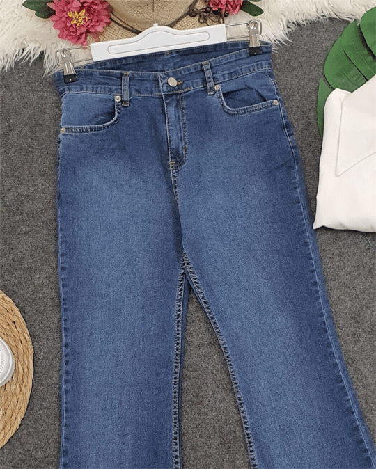 Yüksek Bel İspanyol Paça Düğmeli Kot Pantolon -K. Mavi
