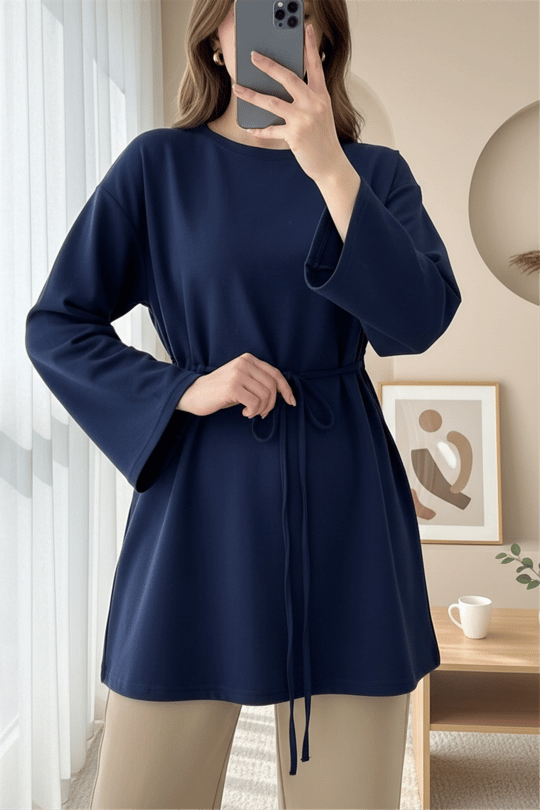 Womens Round-Neck Tie-Waist Jersey Tunic - Navy