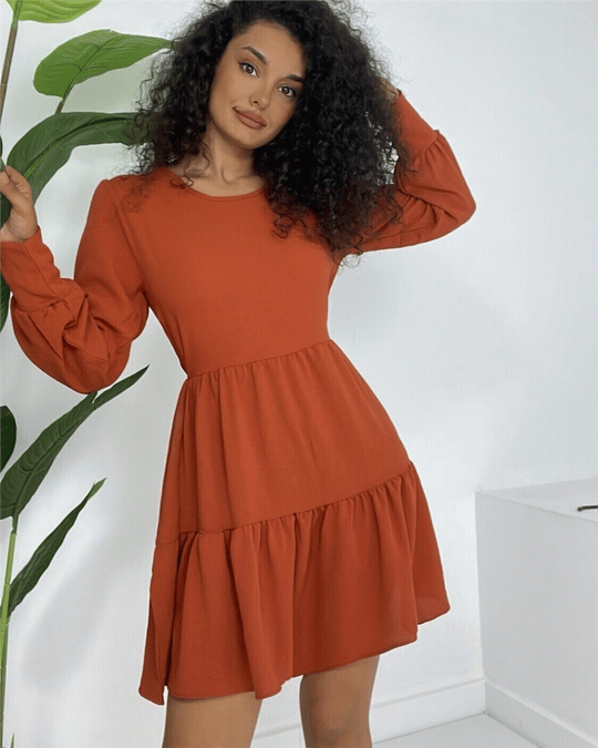 Womens Round-Neck Elastic-Waist Hem Layered Aerobin Dress - Terracotta
